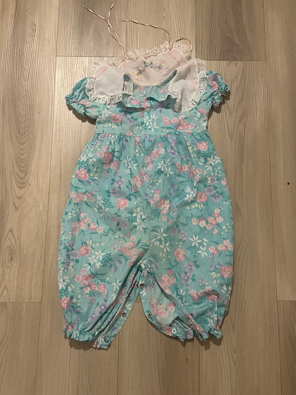 Vintage 80s Cradle Days Baby Girls Floral Romper Removable Lace Bib Collar 6-12M